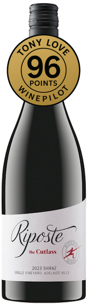 Wine bottle of 2023 Riposte The Cutlass Adelaide Hills Shiraz and Tony Love Winepilot 96 points rating